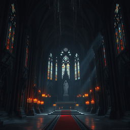 A dark gothic fantasy church interior, featuring towering black stone columns with intricate carvings, dimly lit stained glass windows casting colorful patterns on the floor, and an ornate altar draped in deep red velvet