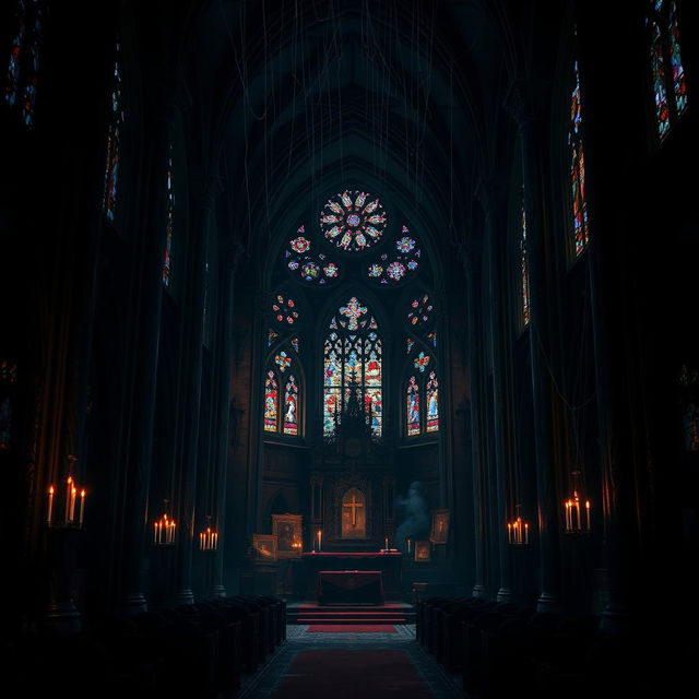 A dark gothic fantasy church interior, featuring towering black stone columns with intricate carvings, dimly lit stained glass windows casting colorful patterns on the floor, and an ornate altar draped in deep red velvet