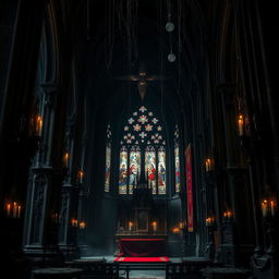 A dark gothic fantasy church interior, featuring towering black stone columns with intricate carvings, dimly lit stained glass windows casting colorful patterns on the floor, and an ornate altar draped in deep red velvet