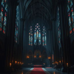 A dark gothic fantasy church interior, featuring towering black stone columns with intricate carvings, dimly lit stained glass windows casting colorful patterns on the floor, and an ornate altar draped in deep red velvet