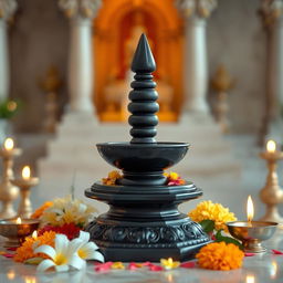 A beautifully crafted Shivlinga made of smooth black stone, elegantly placed on a traditional pedestal with intricate carvings