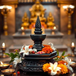 A beautifully crafted Shivlinga made of smooth black stone, elegantly placed on a traditional pedestal with intricate carvings