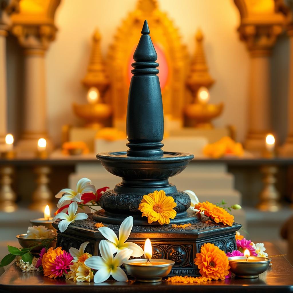 A beautifully crafted Shivlinga made of smooth black stone, elegantly placed on a traditional pedestal with intricate carvings