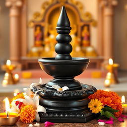 A beautifully crafted Shivlinga made of smooth black stone, elegantly placed on a traditional pedestal with intricate carvings