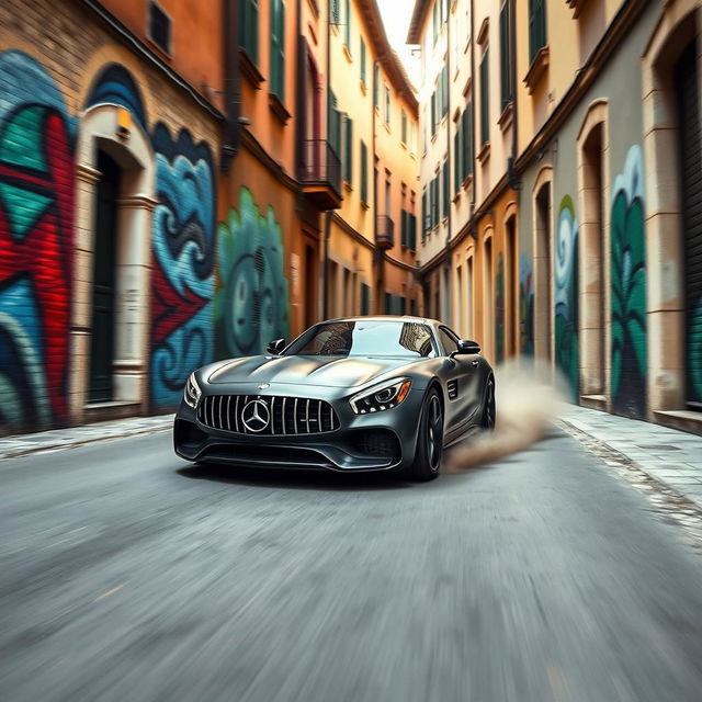 A medium shot of a matte black Mercedes-AMG GT roaring down a quiet, narrow Italian alleyway