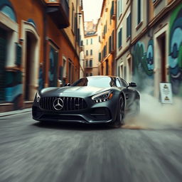 A medium shot of a matte black Mercedes-AMG GT roaring down a quiet, narrow Italian alleyway