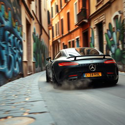 A medium shot of a matte black Mercedes-AMG GT roaring down a quiet, narrow Italian alleyway