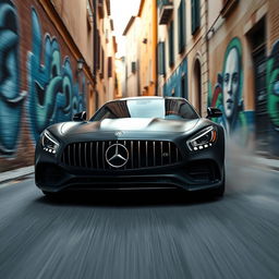 A medium shot of a matte black Mercedes-AMG GT roaring down a quiet, narrow Italian alleyway