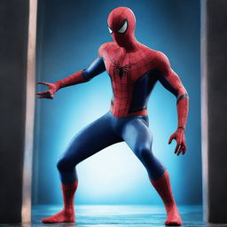 A hyper-realistic image of Spiderman in a secret base, illuminated by neon blue lights amidst the darkness