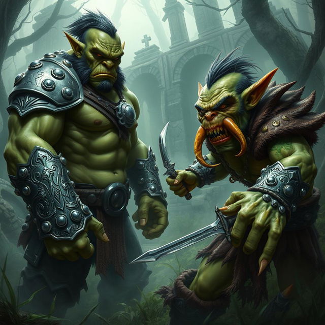 A fierce and dynamic encounter featuring two orc warriors in an intense fantasy setting