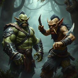 A fierce and dynamic encounter featuring two orc warriors in an intense fantasy setting