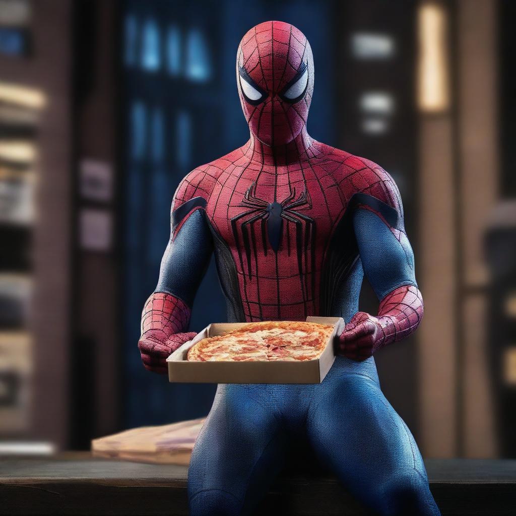 A hyper-realistic image of Spiderman in a secret base, illuminated by neon blue lights amidst the darkness, holding a box of pizza