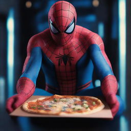 A hyper-realistic image of Spiderman in a secret base, illuminated by neon blue lights amidst the darkness, holding a box of pizza