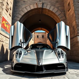 A low-angle shot of a stunning silver Pagani Huayra parked gracefully at the entrance of a medieval Italian archway