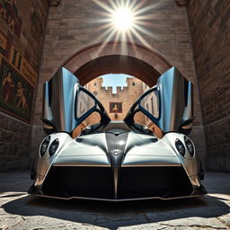 A low-angle shot of a stunning silver Pagani Huayra parked gracefully at the entrance of a medieval Italian archway