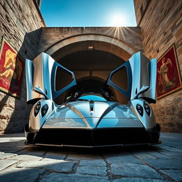 A low-angle shot of a stunning silver Pagani Huayra parked gracefully at the entrance of a medieval Italian archway