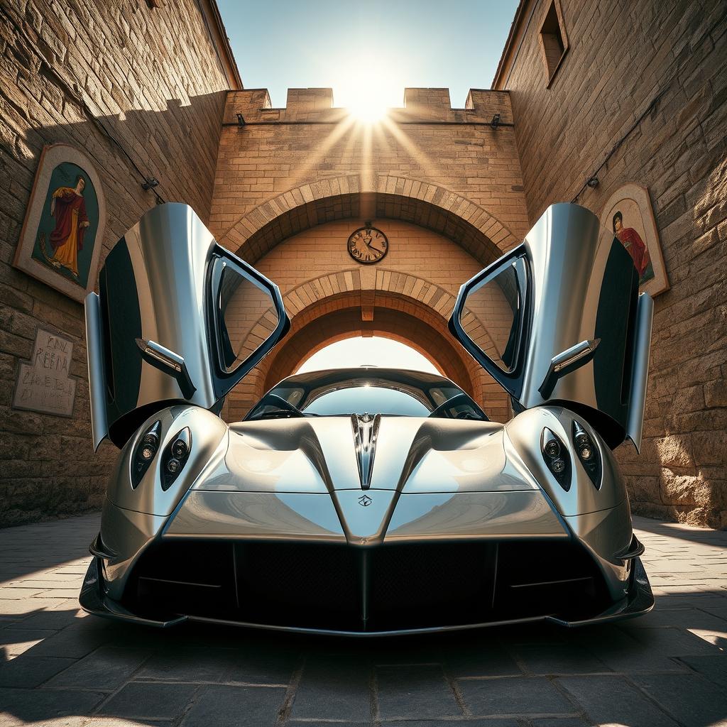 A low-angle shot of a stunning silver Pagani Huayra parked gracefully at the entrance of a medieval Italian archway