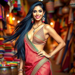 A stunning tall Indian woman with long flowing black hair and a captivating smile, wearing a stylish and revealing traditional outfit that beautifully accentuates her curves