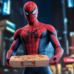 A hyper-realistic image of Spiderman in a secret base, illuminated by neon blue lights amidst the darkness, holding a box of pizza