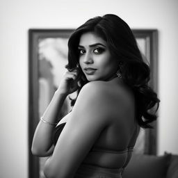 A tall, attractive Indian woman with a curvy figure and prominent features, posing confidently in a sensual black and white photograph, embodying elegance and allure