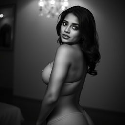 A tall, attractive Indian woman with a curvy figure and prominent features, posing confidently in a sensual black and white photograph, embodying elegance and allure