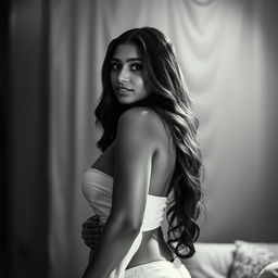 A tall, attractive Indian woman with a curvy figure and prominent features, posing confidently in a sensual black and white photograph, embodying elegance and allure