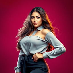 A tall, attractive Indian woman with an elegant and curvy figure, showcasing her confidence and allure