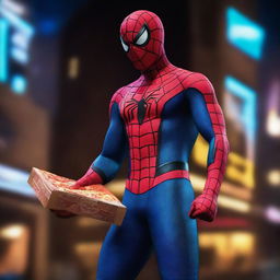 A hyper-realistic image of Spiderman in a secret base, illuminated by neon blue lights amidst the darkness, holding a box of pizza