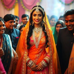 A tall, sensual Indian bride dressed in a stunning, intricately designed bridal outfit, surrounded by her friends and family, capturing a moment filled with joy and celebration
