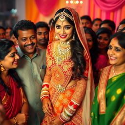 A tall, sensual Indian bride dressed in a stunning, intricately designed bridal outfit, surrounded by her friends and family, capturing a moment filled with joy and celebration
