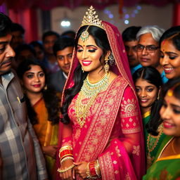 A tall, sensual Indian bride dressed in a stunning, intricately designed bridal outfit, surrounded by her friends and family, capturing a moment filled with joy and celebration