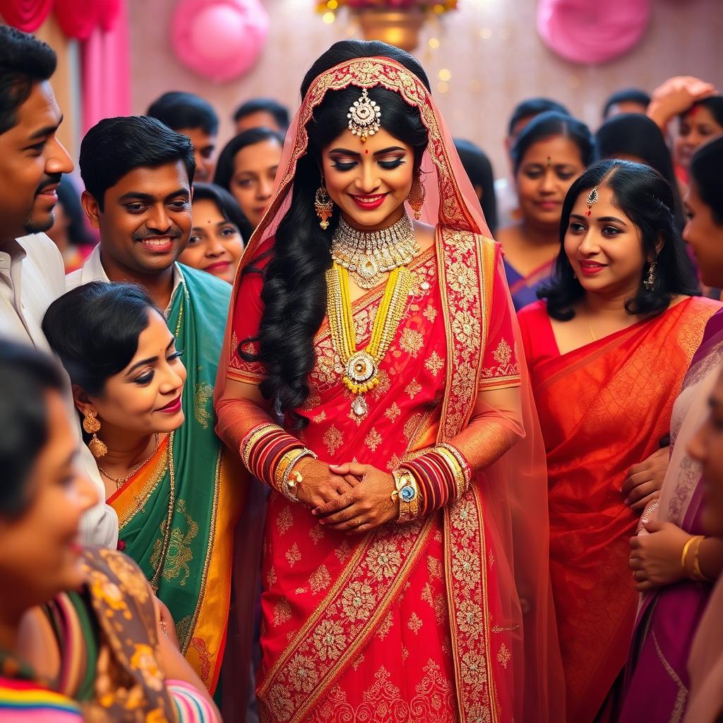 A tall, sensual Indian bride dressed in a stunning, intricately designed bridal outfit, surrounded by her friends and family, capturing a moment filled with joy and celebration