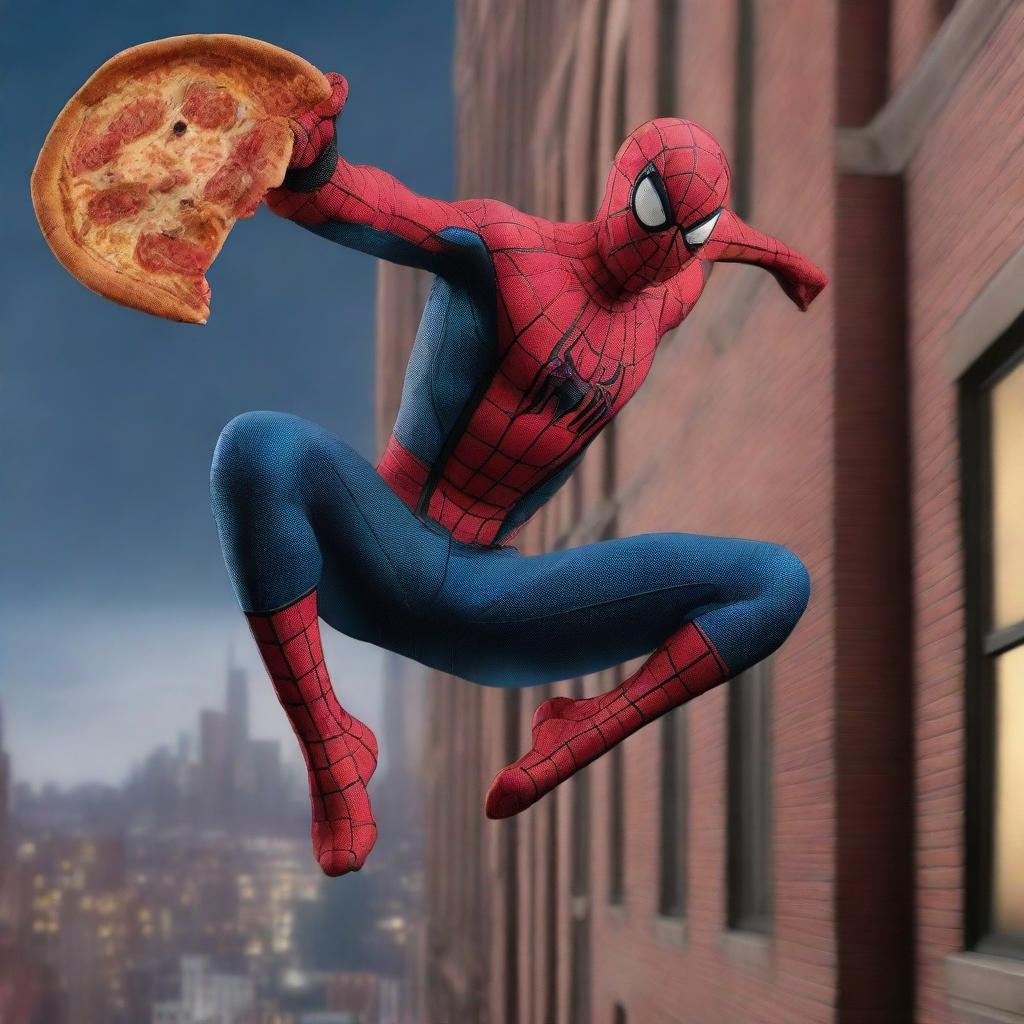 A hyper-realistic image of Spiderman leaping from a building at midnight, holding a box of pizza