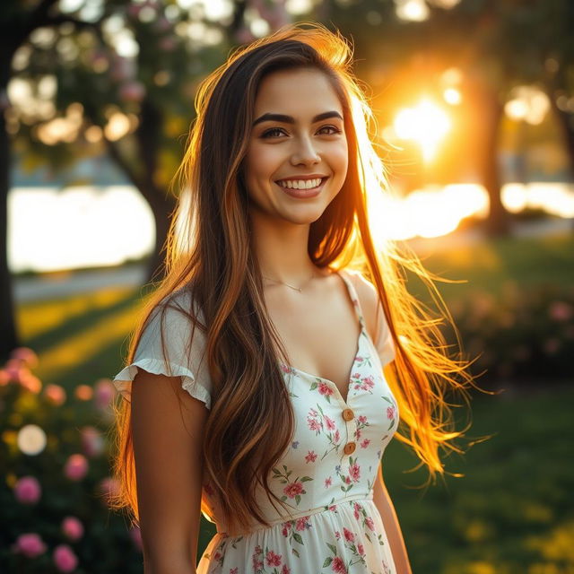 A beautiful young woman with long flowing hair, standing in a serene park during golden hour, surrounded by blooming flowers