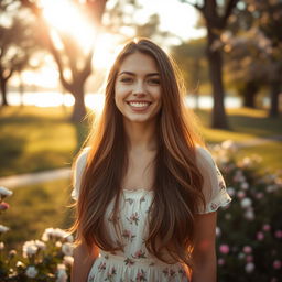 A beautiful young woman with long flowing hair, standing in a serene park during golden hour, surrounded by blooming flowers
