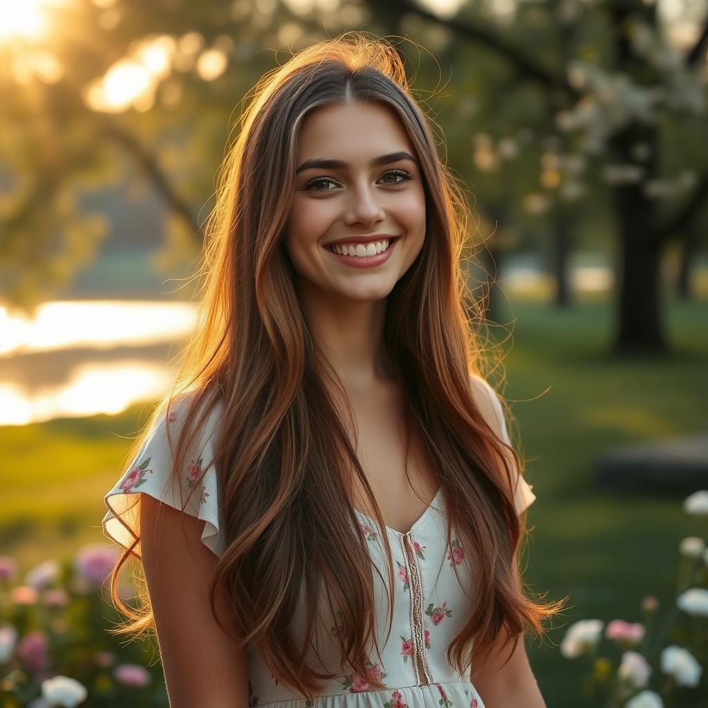 A beautiful young woman with long flowing hair, standing in a serene park during golden hour, surrounded by blooming flowers