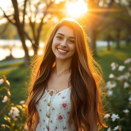 A beautiful young woman with long flowing hair, standing in a serene park during golden hour, surrounded by blooming flowers