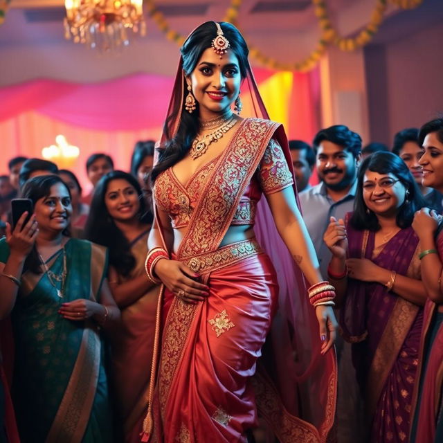 A tall, sensual Indian bride with a curvy figure and ample bosom, elegantly positioned amidst her friends and family during a joyous celebration