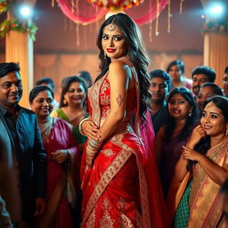 A tall, sensual Indian bride with a curvy figure and ample bosom, elegantly positioned amidst her friends and family during a joyous celebration