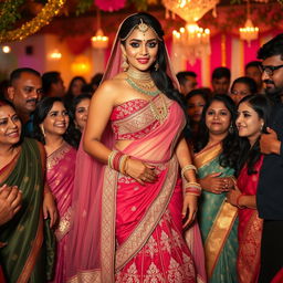 A tall, sensual Indian bride with a curvy figure and ample bosom, elegantly positioned amidst her friends and family during a joyous celebration