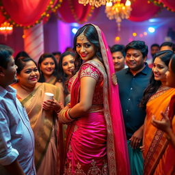 A tall, sensual Indian bride with a curvy figure and ample bosom, elegantly positioned amidst her friends and family during a joyous celebration