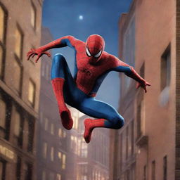 A hyper-realistic image of Spiderman leaping from a building at midnight, holding a box of pizza