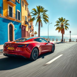 A wide-angle shot of a stunning cherry red Tesla Roadster speeding along a picturesque seaside promenade in southern Italy