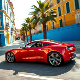 A wide-angle shot of a stunning cherry red Tesla Roadster speeding along a picturesque seaside promenade in southern Italy