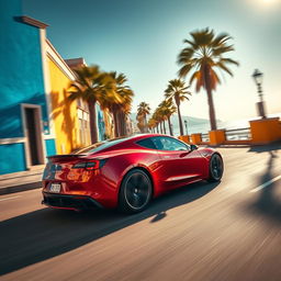 A wide-angle shot of a stunning cherry red Tesla Roadster speeding along a picturesque seaside promenade in southern Italy