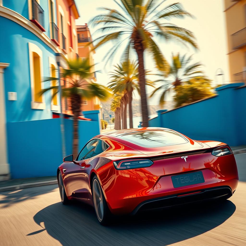 A wide-angle shot of a stunning cherry red Tesla Roadster speeding along a picturesque seaside promenade in southern Italy