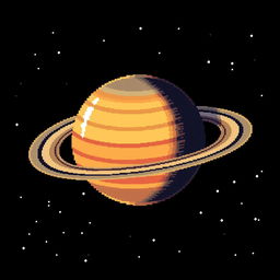 An artistic representation of the planet Saturn, showcasing its iconic rings and vivid colors, rendered in a pixel art style with a resolution of 64x64 pixels