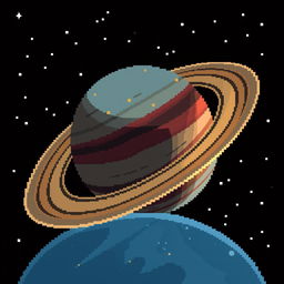 An artistic representation of the planet Saturn, showcasing its iconic rings and vivid colors, rendered in a pixel art style with a resolution of 64x64 pixels