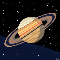 An artistic representation of the planet Saturn, showcasing its iconic rings and vivid colors, rendered in a pixel art style with a resolution of 64x64 pixels