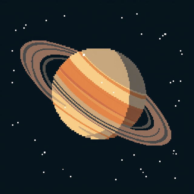 An artistic representation of the planet Saturn, showcasing its iconic rings and vivid colors, rendered in a pixel art style with a resolution of 64x64 pixels